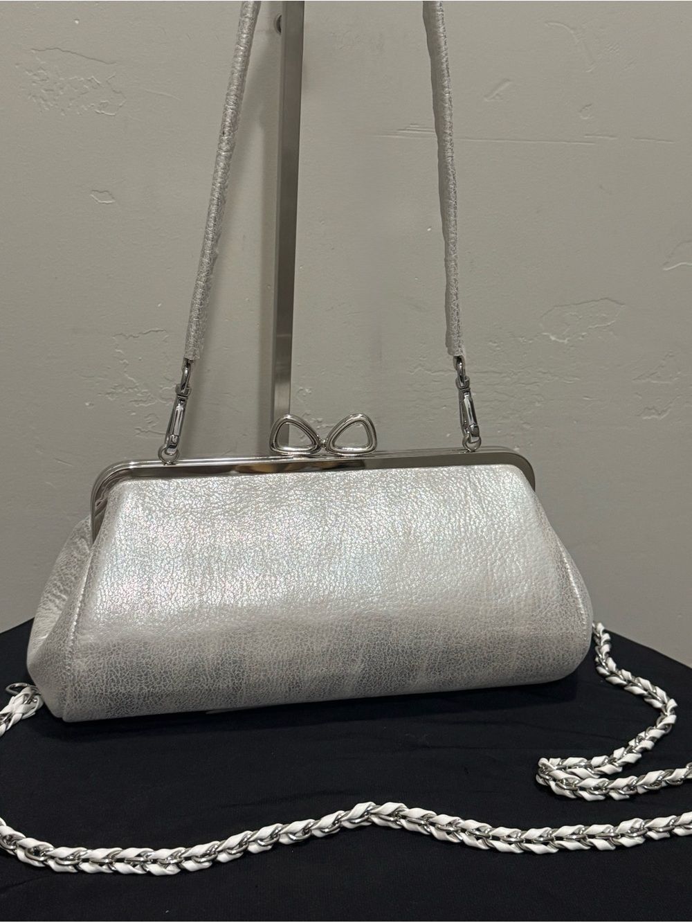 Unique Iridescent Cowhide Leather Handmade “Bow” Shaped Kisslock Baguette Bag